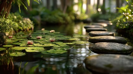 A serene garden path with floating stepping stones reflecting in still water.
