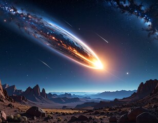 A celestial comet streaks across a starry, mountainous desert landscape