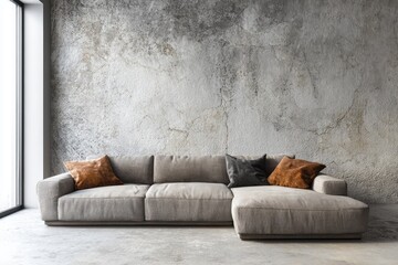 Modern sectional sofa with decorative pillows in a minimalist room.