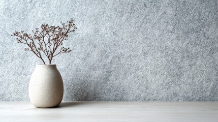 A delicate dried plant arrangement sits in a ceramic vase.