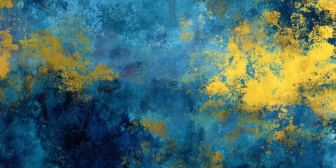 Abstract grunge texture with deep blue and golden yellow splatters.