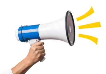 Isolated hand holding megaphone , Hand holding a loud megaphone for public announcement news tool 