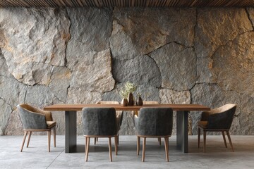 Elegant dining room with wood table, upholstered chairs, and stone wall.