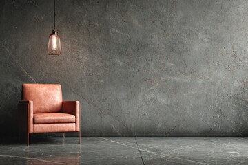 Single leather armchair and pendant light against a textured gray wall.