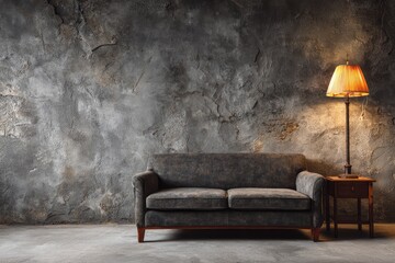 Vintage sofa and lamp stand against a textured grey wall.