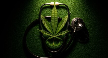 Medical Marijuana Leaf Resting in a Stethoscopes Headset.