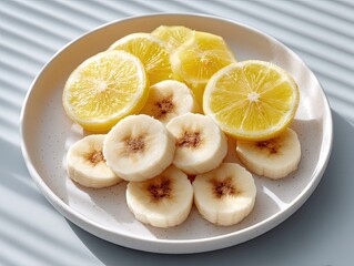 Top Down Photo of Sliced Bananas and Lemons Arranged on a White Speckled Plate with Natural Sunlight Creating Striped Shadows on a Light Blue Surface