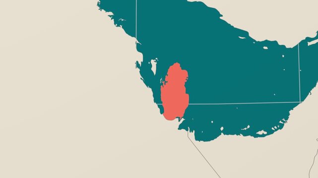 Qatar map. Animated zoom into the country on the Globe in Teal Pale Mint color palette. Country logo animation. Map with meridians, parallels. Classic video.