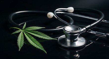 Medical Marijuana and Stethoscope on Black Background.