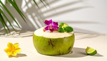 Fresh Coconut Water Served in Shell with Frangipani by Ocean Breeze