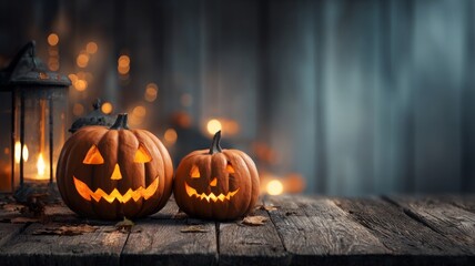 Glowing halloween pumpkin with carved face on rustic wooden surface with spooky autumn atmosphere and warm candlelight for festive seasonal decoration