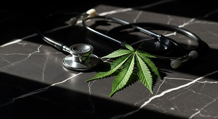 Medical Marijuana Leaf with Stethoscope on a Marble Surface.