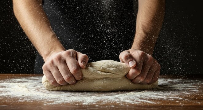 Close-up of male hands kneading fresh dough on a floured wooden surface, preparing for homemade baking