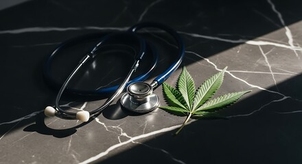 Stethoscope and Cannabis Leaf on Marble Surface in Sunlight.