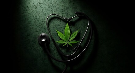 Stethoscope Forming a Heart Around a Cannabis Leaf on a Dark Background.