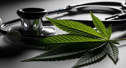 Medical Cannabis Leaf and Stethoscope on a Dark Background.