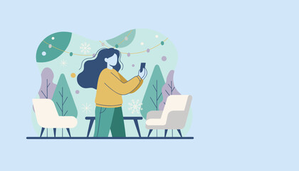 Illustrated woman capturing a winter scene with a phone among cozy patio furniture and snow