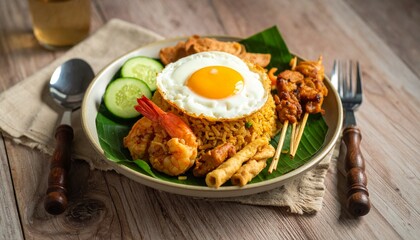 Fototapeta premium Top-Down Shot of Classic Nasi Goreng with Fried Egg and Satay Skewers, Styled on Banana Leaf and Rustic Table Surface