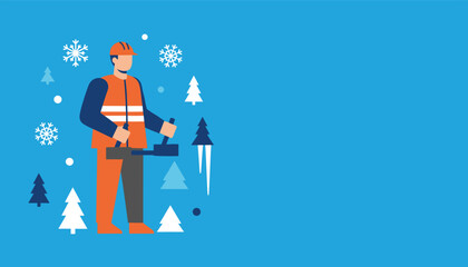 Professional worker operating snow removal equipment in winter uniform Flat vector design