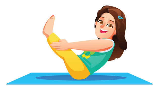 Happy girl practicing the Boat Pose (Paripurna Navasana) on a mat, balancing on her tailbone with legs and arms extended. Vector cartoon character illustration