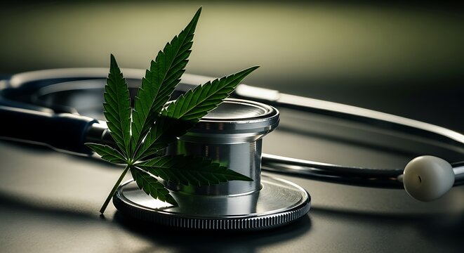 Medical Marijuana Leaf Resting on a Stethoscope, Healthcare Concept.