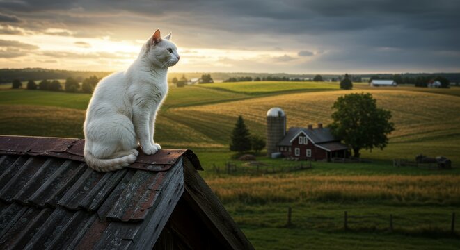 A serene moment, White cat perched atop a barn roof overlooking a peaceful rural landscape at sunset - Powered by Adobe