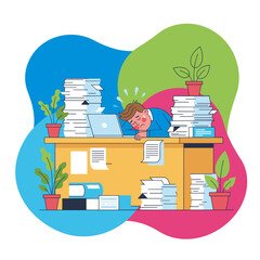 Office burnout Stressed worker sleeps on desk overwhelmed by stacks of paperwork and deadlines