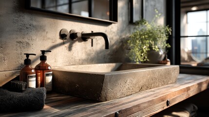 A modern industrial bathroom featuring a sleek floating concrete sink and stylish black accents.