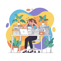 Burnout Stressed woman buried under paperwork and documents at her office desk