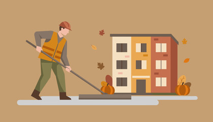 Worker sweeping autumn leaves outside a building wearing safety gear Seasonal flat illustration