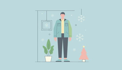 Minimalist winter illustration of a man in a jacket snowflakes and a small Christmas tree