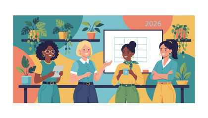 Diverse professional women planning and collaborating in a modern plantfilled office environment