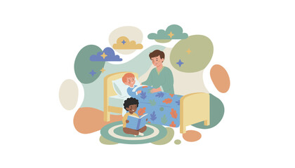 Dad tucks one child into bed while another reads on the floor Cozy family bedtime routine