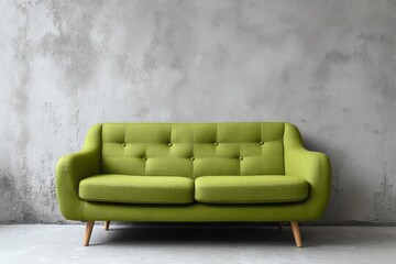 Green sofa with tufted back rests against a textured concrete wall.