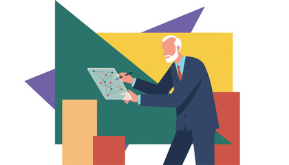 Senior executive analyzing data connections on a futuristic transparent display