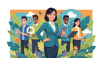 Confident business leader and diverse team planning the future 2026 with tech and nature integration