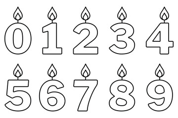 Number candles vector icon set. Black line art of birthday candle digits 0 to 9 with flames. Celebration, anniversary, or party decoration symbol for festive design.
