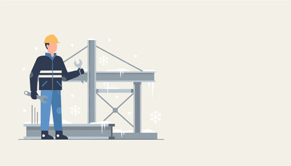 Construction worker in winter gear holding wrenches near icy steel structure Service and maintenance concept