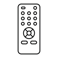 Remote control vector icon. Black line art of TV controller with buttons and navigation pad. Electronic device symbol for media and smart home interface design.