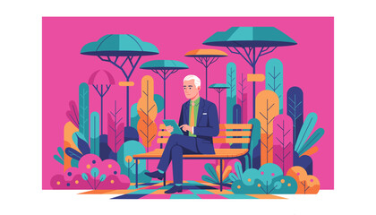 Senior businessman uses a tablet on a park bench in a vibrant stylized vector illustration