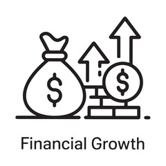 Financial growth vector icon depicting a money bag and upward arrows for business and investment concepts