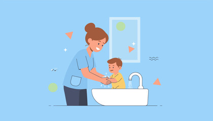 Caregiver teaches child how to wash hands properly Hygiene health and clean habit concept