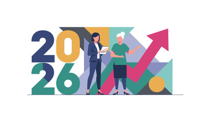 2026 business success forecast Two women analyze growth charts next to a rising arrow