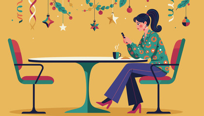 Stylish woman checks her phone at a festive retro cafe table with coffee