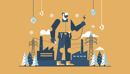 Maintenance worker securing electric power in a winter industrial landscape