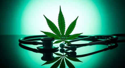 Medical Marijuana - Cannabis Leaf and Stethoscope on Reflective Surface.