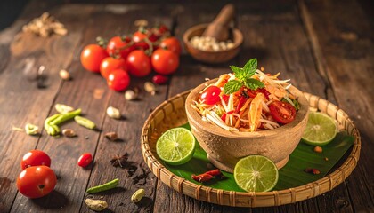 Traditional Thai Papaya Salad (Som Tum) Surrounded by Ingredients on Wooden Surface with Banana Leaves and Clay Bowl