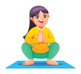 Happy girl practicing the Garland Pose (Malasana) on a mat, squatting with her hands pressed together in Namaste. Vector cartoon character illustration