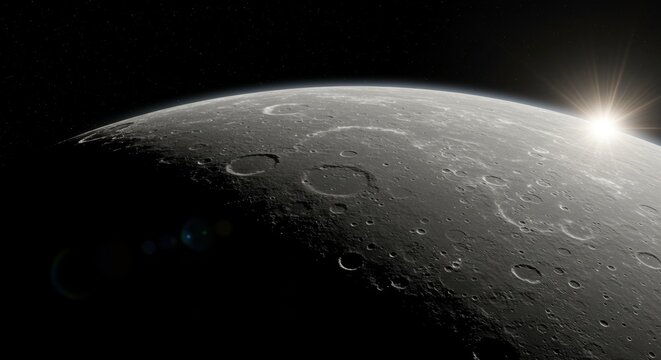 Stunning Sunrise Over the Moon's Cratered Surface with Starry Backdrop