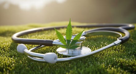 Cannabis leaf and stethoscope on green grass representing medical marijuana.
